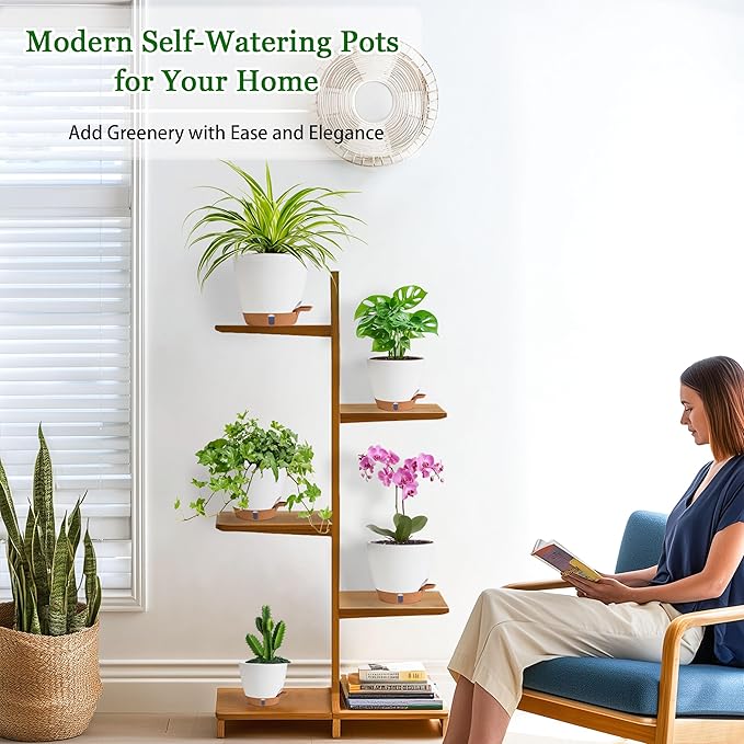 Fielda Self Watering Pots for Inoor Ourdoor Plants 8/7/6.5/6/5 Inch Plastic Planters with Drainage Holes & Water Level Indicator, Decorative House Flower Nursery Planting Pots with Saucers (White)