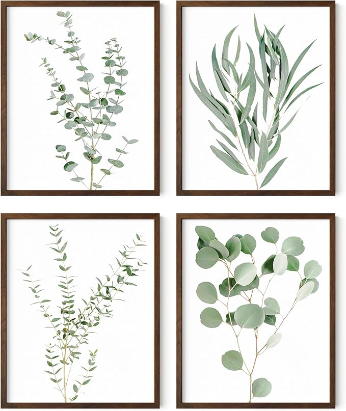 HAUS AND HUES Botanical Plant Wall Art - Set of 4 Prints, Floral Kitchen Decor, Eucalyptus Wall Art, Green Botanical Poster (Walnut Frame, 8x10)