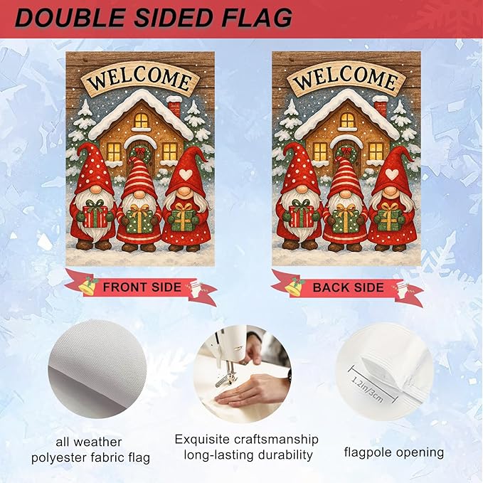 IVN Winter Garden Flag 12x18 Inch Double Sided Winter Gnomes with Gifts and Welcome Sign Outdoor Yard Flag for Outside Home Front Door Lawn Porch Patio Welcome Decor
