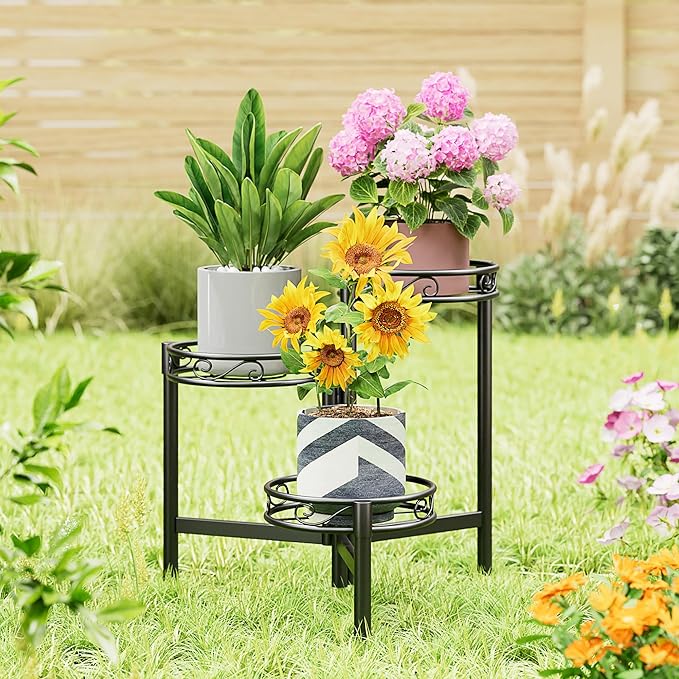 NQW 3-Tier Plant Stand Outdoor,Metal Plant Stand for Multiple Plants, Folding Tall Plant Rack Display Shelf for Corner Living Room Porch Patio Garden Office - BalckCircle
