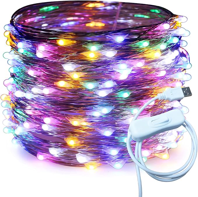 RUICHEN Silver Wire 66 Ft 200 LED USB Fairy String Lights with On/Off Switch (Multicolor)