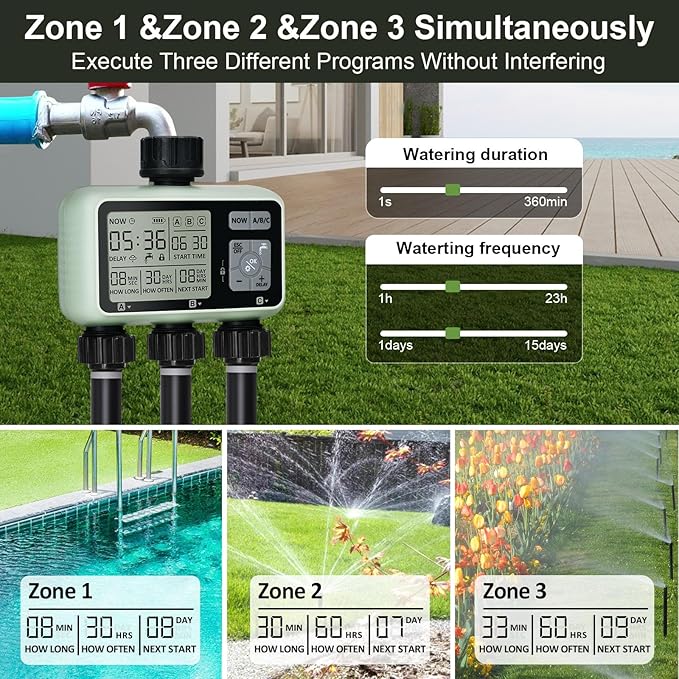 Watering Timer 3 Zone, Sprinkler Timer, Programmable Garden Outdoor Hose Faucet Timer with Rain Delay, Auto & Manual Watering System,Water Hose Irrigation Timers 3 Outlet for Garden