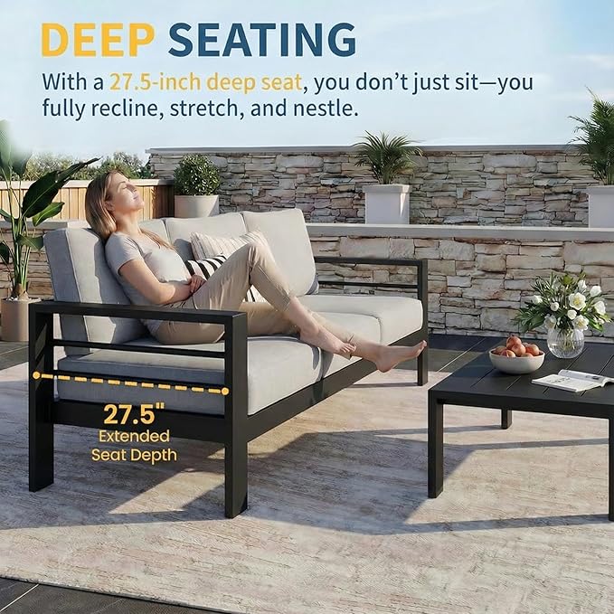 Wisteria Lane Aluminum Outdoor Patio Furniture Set, Modern Patio Conversation Sets, Outdoor Sectional Metal Sofa with 5 Inch Cushion and Coffee Table for Balcony, Garden, Black Frame & Gray Cushion