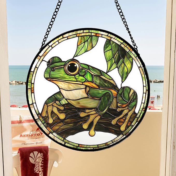 DASTOLL Stained Glass Window Hanging, Frog Green Leaf Sun Catchers Colorful Glass Panel Cool Suncatcher Decor for Birthday for Women, Men, Wife, Aunt, and Mom 14.9x14.9 in