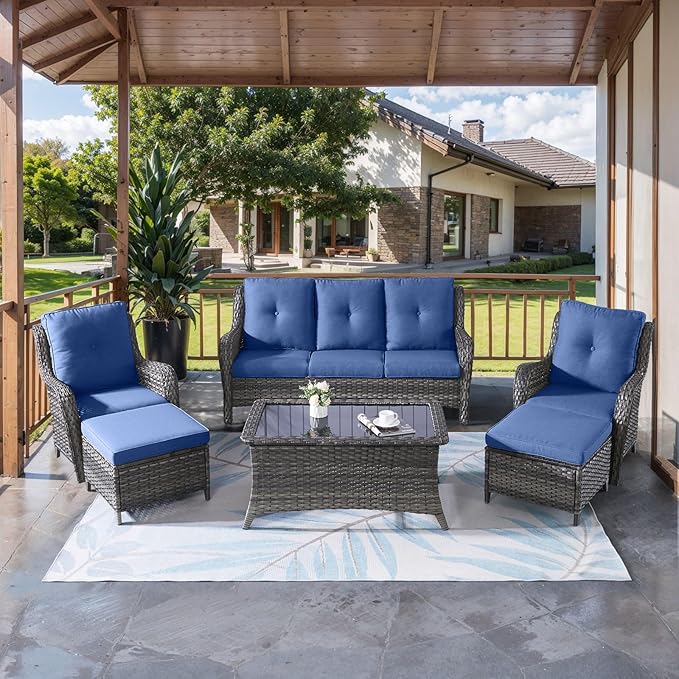 HUMMUH Outdoor Furniture 6 Pieces Patio Furniture Set Wicker Outdoor Sectional Sofa with 2 Patio Chairs,Ottomans,Coffee Table(Grey/Blue)