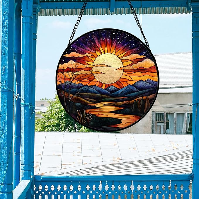DASTOLL Stained Glass Window Hanging, The Sun Shines Brightly on Lake Sun Catchers Colorful Glass Panel Suncatcher Decor for Birthday for Women, Men, Wife, Lovers, and Mom 14.9x14.9 in