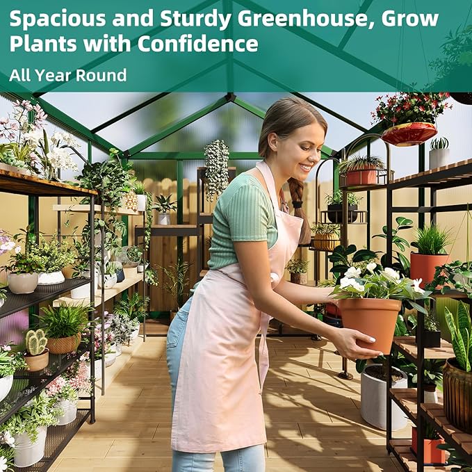 6x8 FT Greenhouse - Large Aluminum Greenhouses for Outdoors, Heavy Duty Polycarbonate Greenhouse with Roof Vent&Ground Nails, Walk-in Green Houses for Garden, Backyard, Patio, Easy Assembly