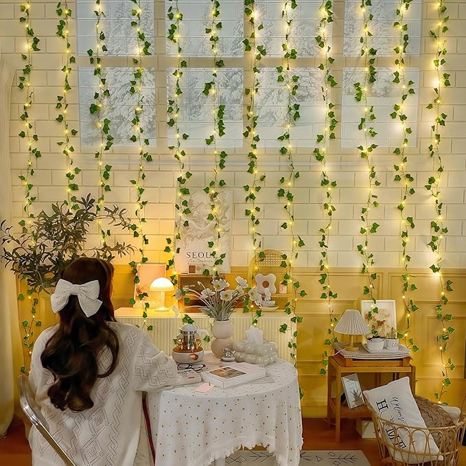 JMEXSUSS Vines Lights for Bedroom, 9.8ft x 9.8ft with Remote, 300 LED Fairy Lights with Vines, Artificial Ivy Curtain Light for Wall Dorm Wedding Indoor Decor