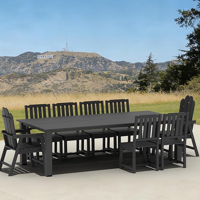 11-Piece Patio Dining Set for 10, HDPE All-Weather Outdoor Furniture with Umbrella Hole Table, 89.76” Oversized Table, 2 Armchairs & 8 Armless Chairs, Black