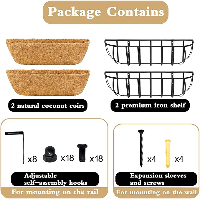 Window Box Railing Planter with Coco Liner 2 Pack 16 Inch Metal Hanging Flower Planter Deck Railing Planters Boxes for Balcony Outdoor Plants Fence Porch Patio