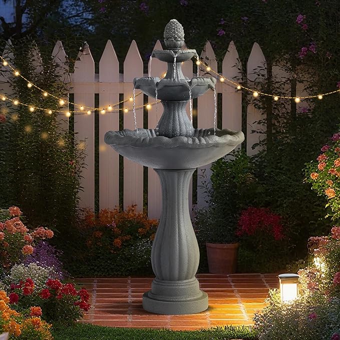 MAGIC UNION Garden Water Fountain Outdoor, 47.3" High Large Roman Italian Indoor Waterfalls, 3-Tier Standing Water Feature Fountains w/Pump & Pineapple Top for Outside Patio, Yard and Lawn (Gray)