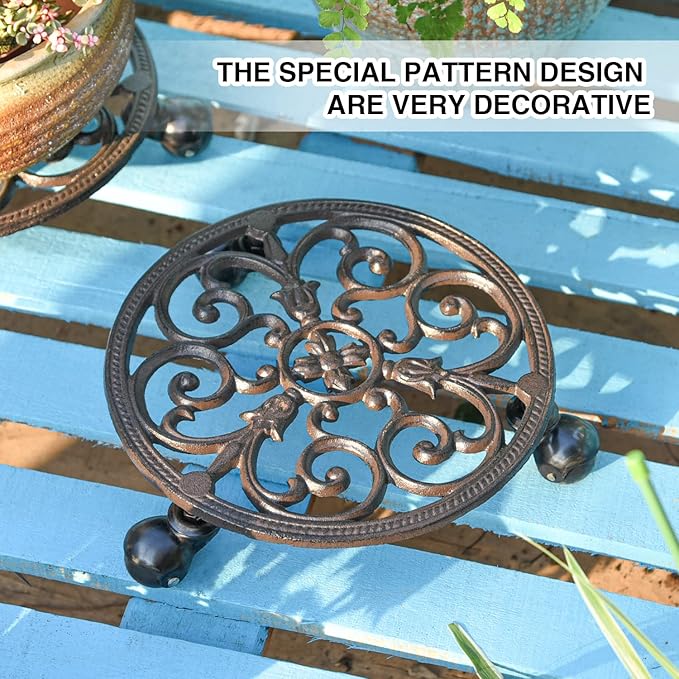 Sungmor Heavy Duty Cast Iron Plant Caddy, Set of 2 & 11 Inch Round Potted Plant Stand Flower Pot Rack on 3 Solid Wheels, Indoor Outdoor Planter Holder Trolley Casters Rolling Tray