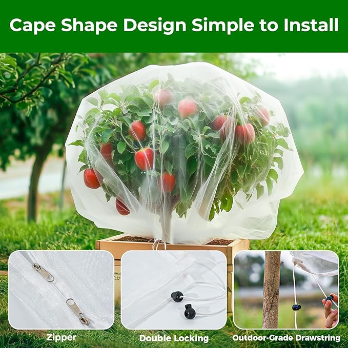 Fruit Tree Netting with 2-Way Zipper & Drawstring - 4'x6' Garden Plant Net Pest Barrier to Prevent Cicadas Bird Squirrel Deer - Bug Protection for Blueberry Tomato with Fine Mesh Insect Cover (4 Pack)