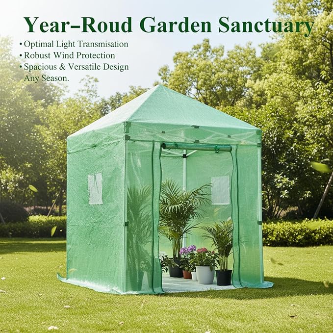 79”x 79”x 107”Walk in Instant Pop-up Greenhouse,Indoor Outdoor Gardening Green House, Roll-Up Zipper Doors and Side Windows Mesh Windows, Thickened PE Cover & Heavy Duty Steel Frame, Green