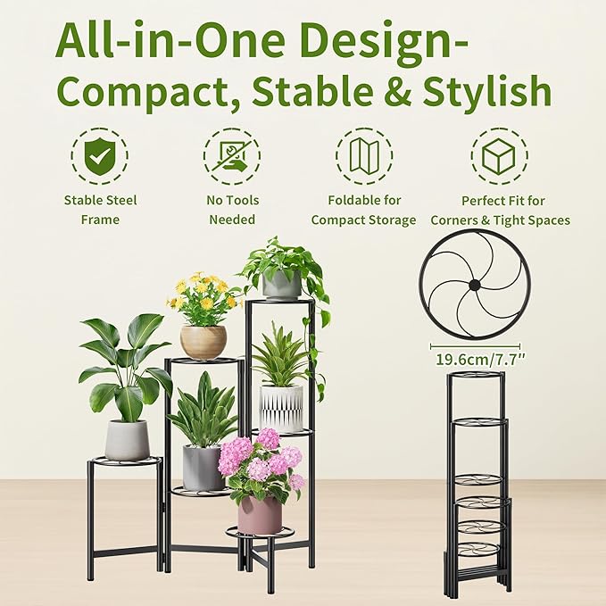 NQW Outdoor Plant Stands for Patio Corner Tall Plant Stand Indoor Metal Flower Pot Stands for Multiple Plants 6 Tier Heavy Duty Shelf Black Kite