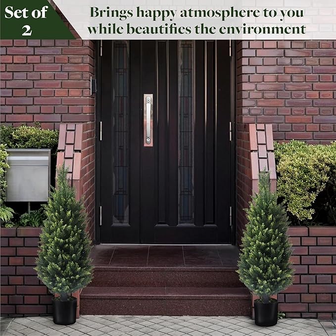 37 Inch Set of Two，Artificial Cedar Topiary Tree, for Indoor & Outdoor Decoration, UV Protection Potted Shrubs for Front Door, Beautiful and Lifelike Tree(37 Inch)