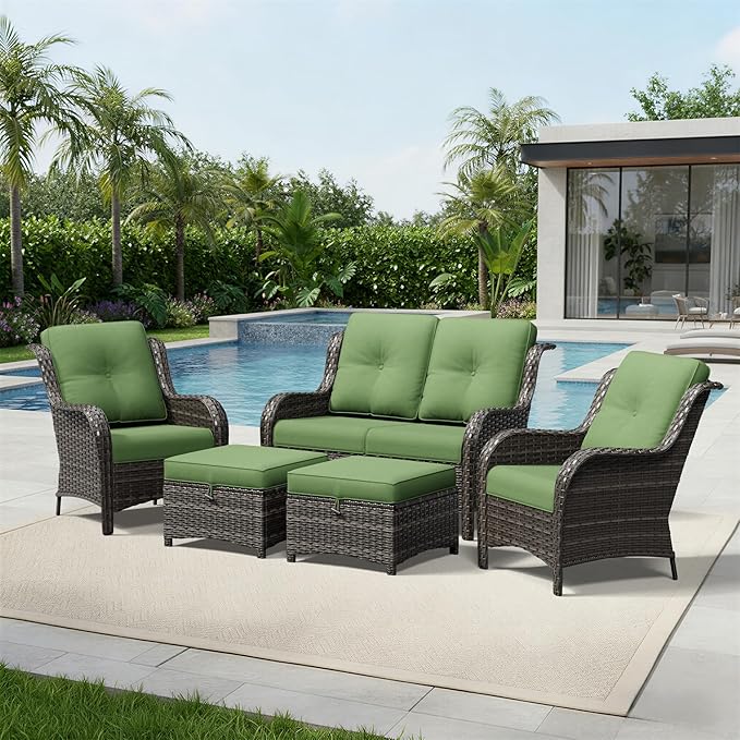 Joyside 5 Piece Wicker Patio Furniture Set, Rattan Patio Chairs with High Back, Deep Seating, Wide Armrest, Thickened Cushions, Outdoor Furniture for Deck, Porch Use