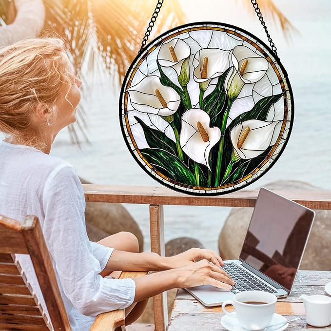 DASTOLL Stained Glass Window Hanging, White Calla Lily Flowers Sun Catchers Glass Panel Plant Suncatcher Decor for Birthday for Women, Men, Wife, Aunt, and Mom 14.9x14.9 in