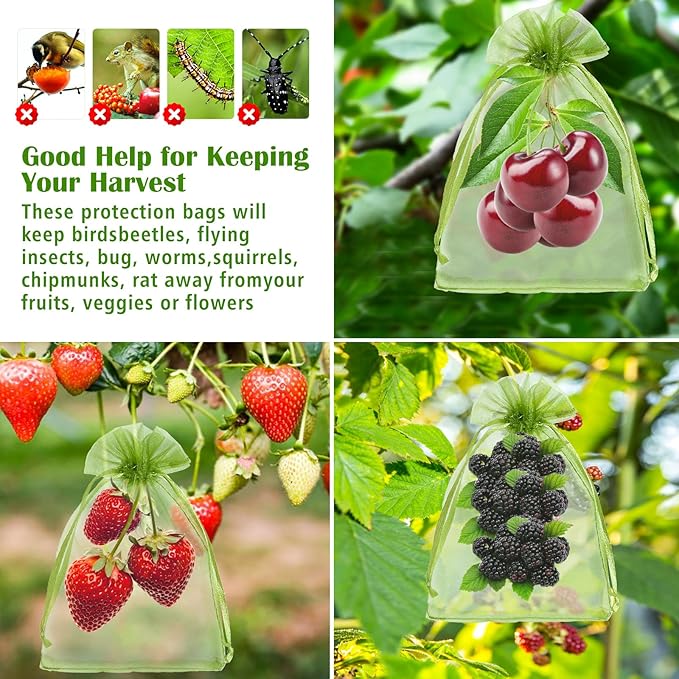 50 PCS 4X6 inches Fruit Protection Bags, Fruit Bags for Fruit Trees, Green Netting Fruit Cover Bags Drawstring Mesh Fruit Protectors Pest Barrier for Fruit Trees Veggies Garden