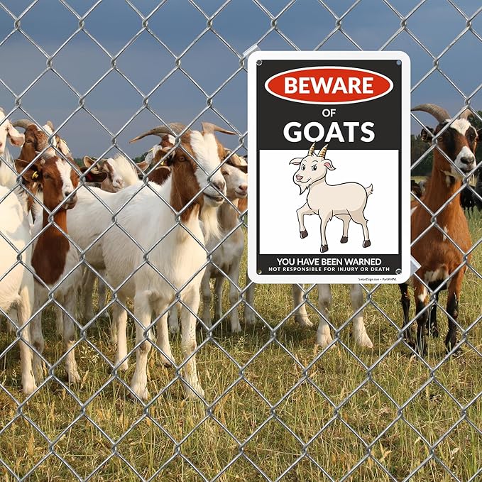 SmartSign Funny Beware Of Goats Warning Sign - 10"x7", 40 mil Laminated Rust-free Aluminum - Metal Signs for Wall Decor, Outdoors, Patio, Gifts, Cafe - Goats Theme, Made in USA