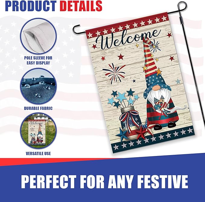 Super Tough Garden Flag - Firework Gnome 12in x 18in | Patriotic Design with Star Border & Welcome Message | Perfect for 4th of July | Durable Oxford Polyester | Festive Outdoor Flag