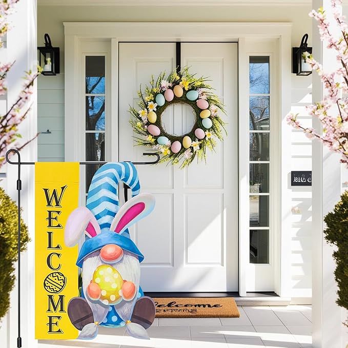Welcome Easter Gnome Garden Flag, Gnome with Bunny Ears Eggs Blue Yard Outside Decorations, Outdoor Small Vertical Decorative Blackout Flags Double Sided 12 x 18
