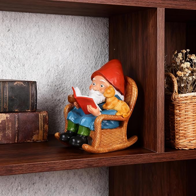 Cat Garden Gnome Statue,Resin Gnome Figurine Reading Book Sculpture, Hand Painted Outdoor Decoration for Patio, Lawn, Yard, or Porch, Whimsical Garden Ornament Gift