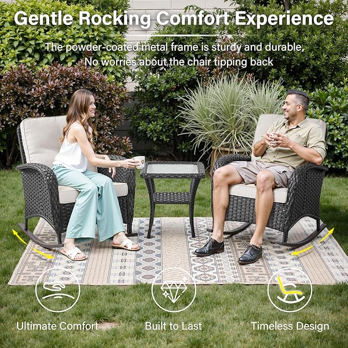 Belord 5 Pieces Patio Furniture Set with 50000 BTU Propane Fire Pit Table, All-Weather Patio Rocking Chairs, Loveseat Glider and Side Table for Outdoor Conversation Deck Backyard Poolside Black