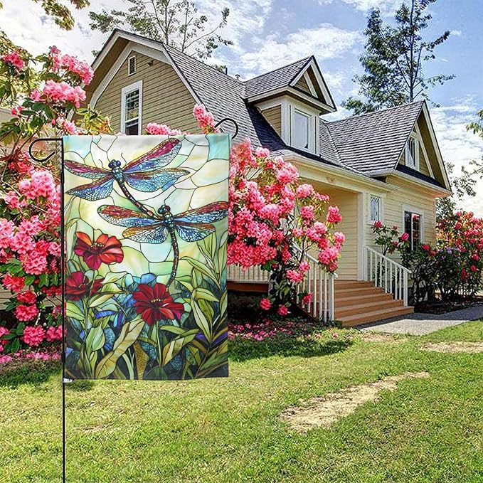 Glass Style Dragonfly Garden Flag 12x18 Inch Double Sided All-Weather Polyester Outdoor Flag For Patio Lawn Yard And Garden Welcome Decor