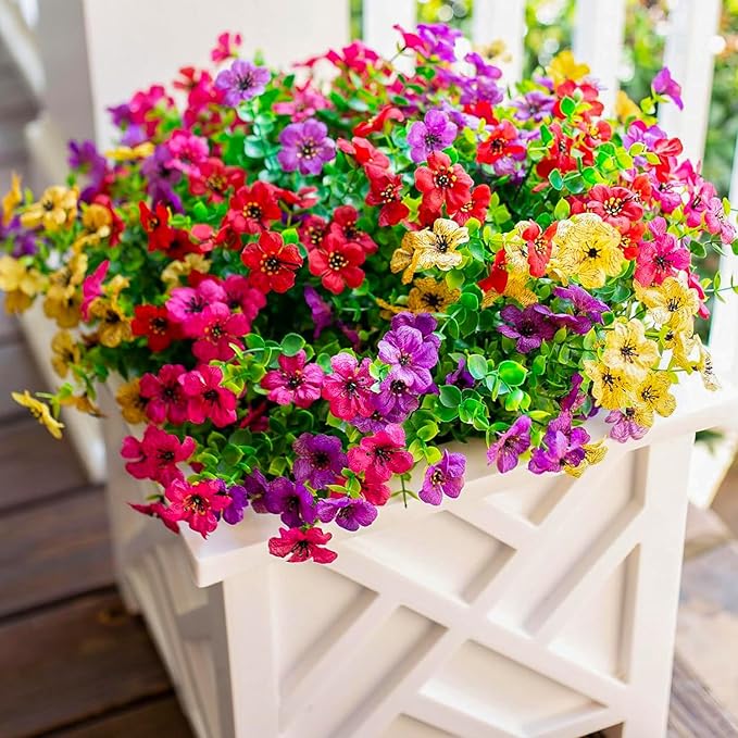 florisso Artificial Fake Plants Flowers for Outdoor Outside Spring Summer Decoration, 12 Bundles Faux Silk Colorful Mix Daisy UV Sun Resistant Realistic for Porch Patio Home Planter Window Box Yard