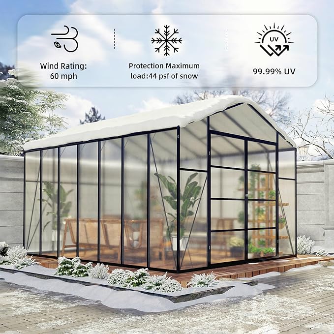 Greenhouse for Outdoors 10x14X8.7FT, Polycarbonate Greenhouses with Stronger Wind Protection and Roof Vent, Walk-in Large Aluminum Winter-Proof Sunroom, Black