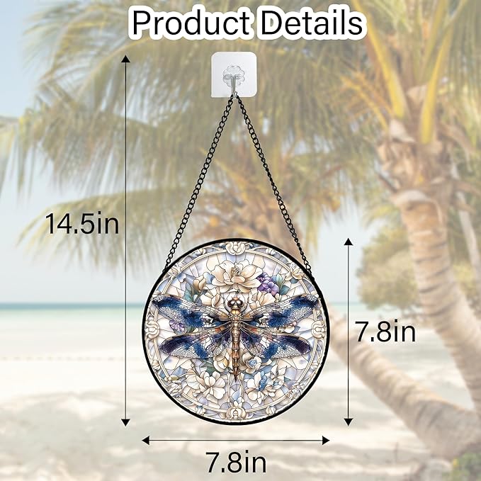 Stained Glass Window Hanging, Dragonfly Flower Suncatcher for Doors Home Sun Catchers Decoration and Christmas, Mother's Day Birthday Gifts for Women, Men, and Mom 7.8 in