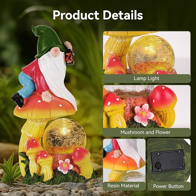 Garden Gnomes Outdoor Statues with Light, Spring Gnomes Decorations for Yard, Solar Garden Gnome with Mushroom Decor, Lawn Ornaments for Patio, Balcony Housewarming- Unique Women Gifts