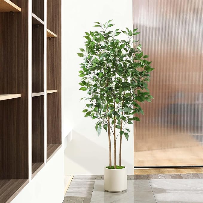 SOGUYI Ficus Artificial Tree 5ft Tall Fake Ficus Tree for Home Decor Indoor Faux Silk Ficus Plant Fake Floor Plant in White Imitation Ceramic Planter with Green Fake Moss, Set of 1