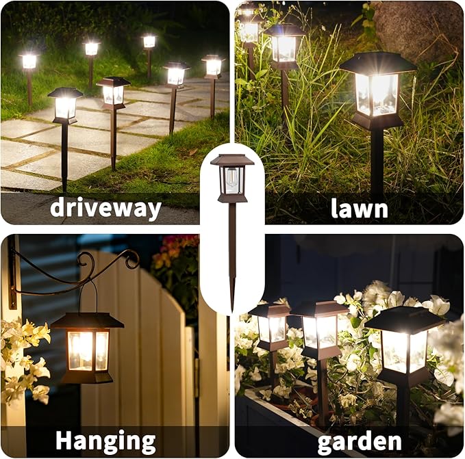 Glosola 6Pack Solar Pathway Lights Outdoor Waterproof IP65, Brown Solar Lights Outdoor with Hook Upgraded 1000mAH Battery, Up to 12Hrs, Auto On/Off, Garden Decor for Yard, Driveway, Walkway (Bulb)
