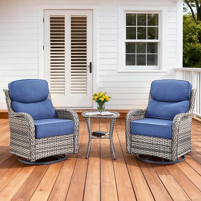 Luxury Outdoor Swivel Rocker Patio Chairs Set of 3, High Back Swivel Patio Chairs with Side Table & 6-Inch Thick Cushions, Wicker Outdoor Bistro Set for Porch, Yard, Deck, Poolside, Grey/Blue