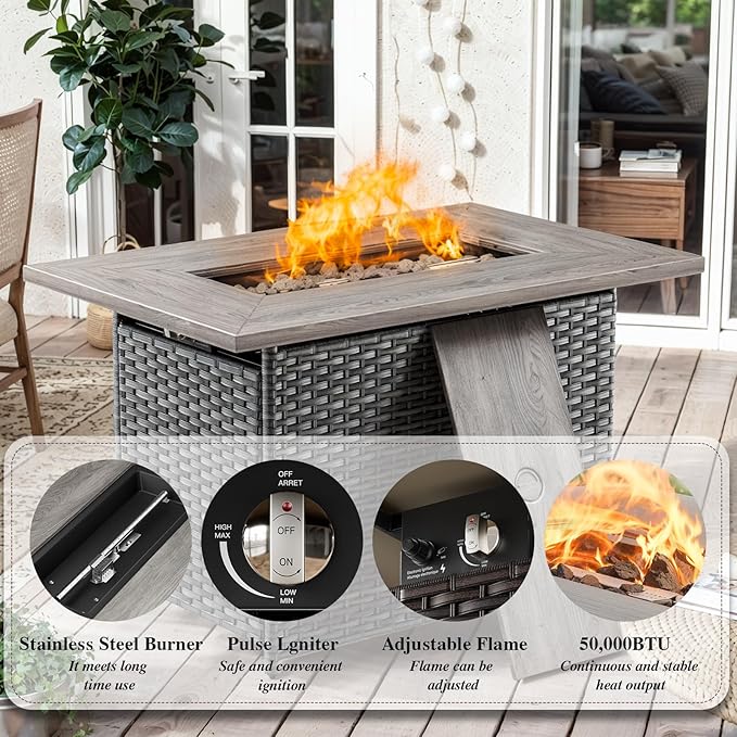 HUMMUH 6 Pieces Patio Furniture Set with Fire Pit Table High Back Outdoor Conversation Set Wicker Patio Couch Outdoor Chairs Ottomans for Balcony Garden,Lawn,Deck