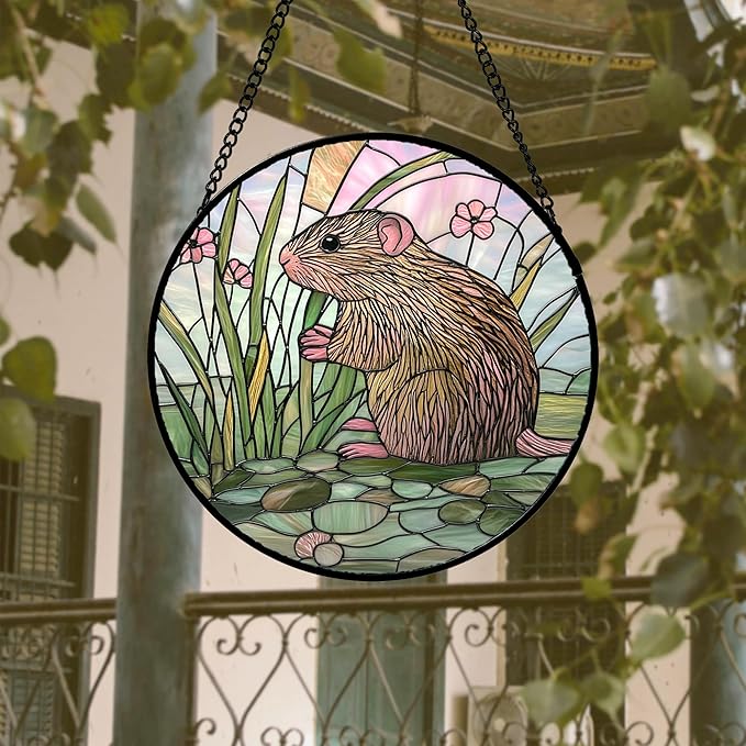DASTOLL Stained Glass Window Hanging 4 Pcs Set Cute Animal 9.8"- Green Plant Pink Suncatcher Door Garden Sun Catcher Decor Birthday Christmas for Mom Woman Nana Men Friend