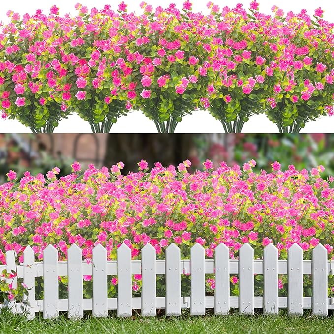 Grunyia 20 Bundles Artificial Flowers UV Resistant Fake Flowers No Fade Faux Plants Garden Porch Window Box Decorating (Pink)