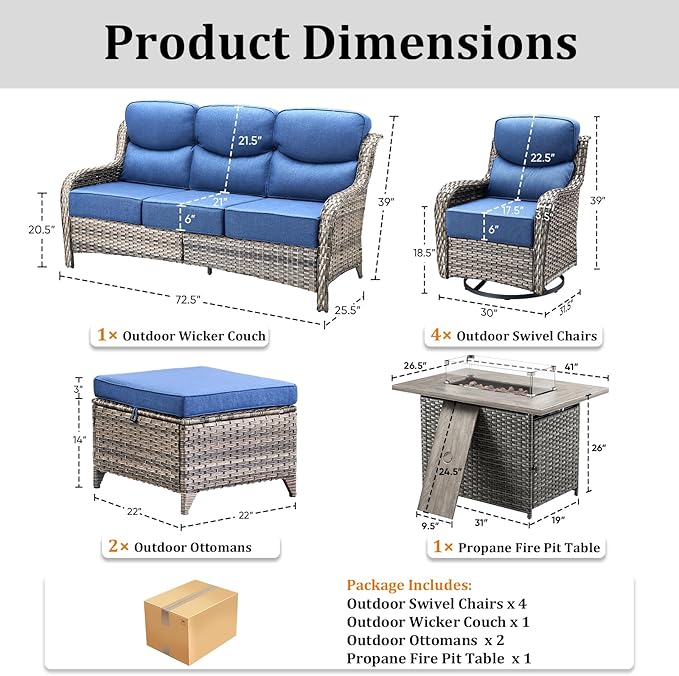 Luxury Patio Furniture Set with 42.5" Fire Pit Table, 8 Pieces High Back All Weather Wicker Outdoor Furniture w/ 6-Inch Thick Cushions, Patio Swivel Chairs Couch for Deck Balcony Backyard Grey/Blue