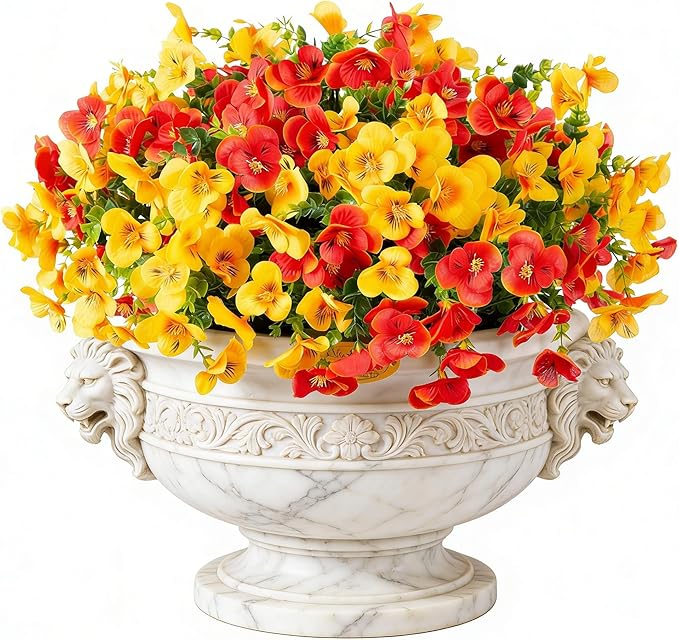 Artificial Pansies Faux Flowers Plants for Outdoor Outside Decoration, 12 Bundles Fake Pansy UV Resistant Realistic Silk Flowers Bouquets with Eucalyptus for Planter Front Door Garden Porch Patio Yard