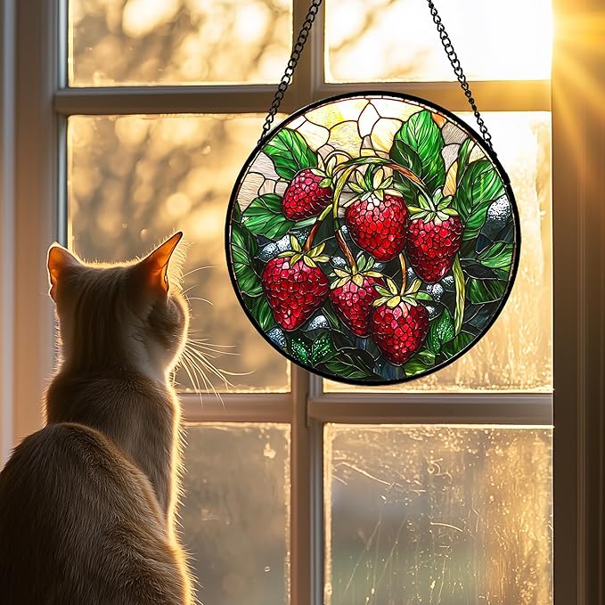 AMDERVEN Stained Glass Suncatcher, Red Strawberry Green Leaf Sun Catcher Silver Background Stain Glass Window Hanging Decoration Mother's Day Birthday Gifts for Women Men Mom Nana 15 in