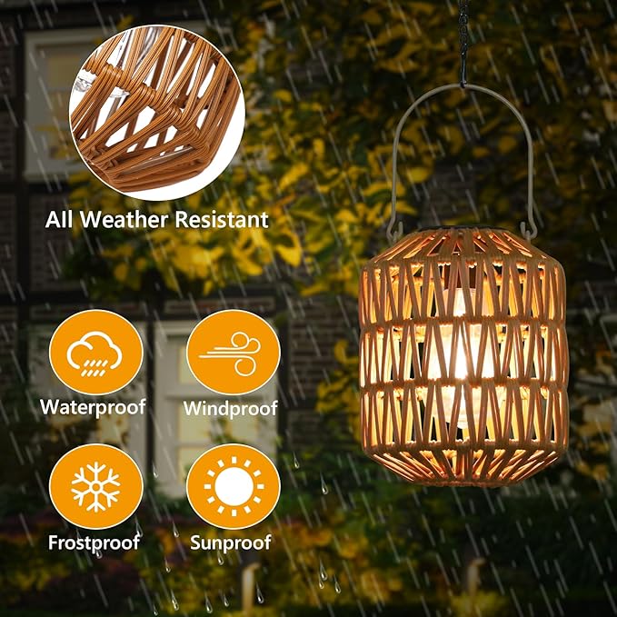 Rattan Solar Lights, 4 Pack Solar Lanterns Outdoor Waterproof, Outdoor Lights for Yard, Hanging Lantern with Handle, Decorative Lanterns for Garden, Tabletop, Tree Lighting (Bulbs Included)