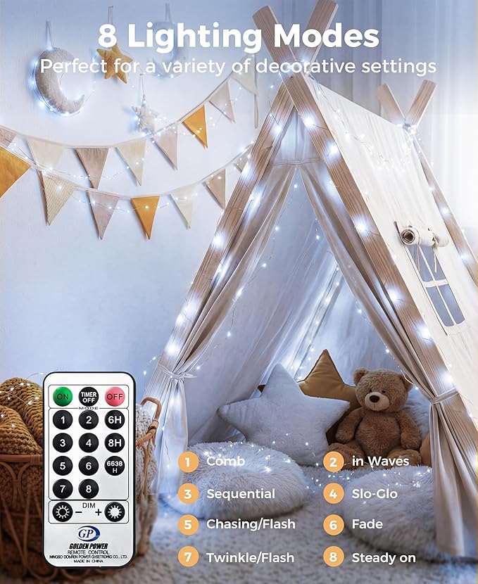 Plug-in Fairy Lights, 66 Ft 200 LED String Light with Remote, 8 Modes, Timer and Dimming Twinkle Lights for Indoor, Bedroom, Party, Decoration, Holiday, Cold White