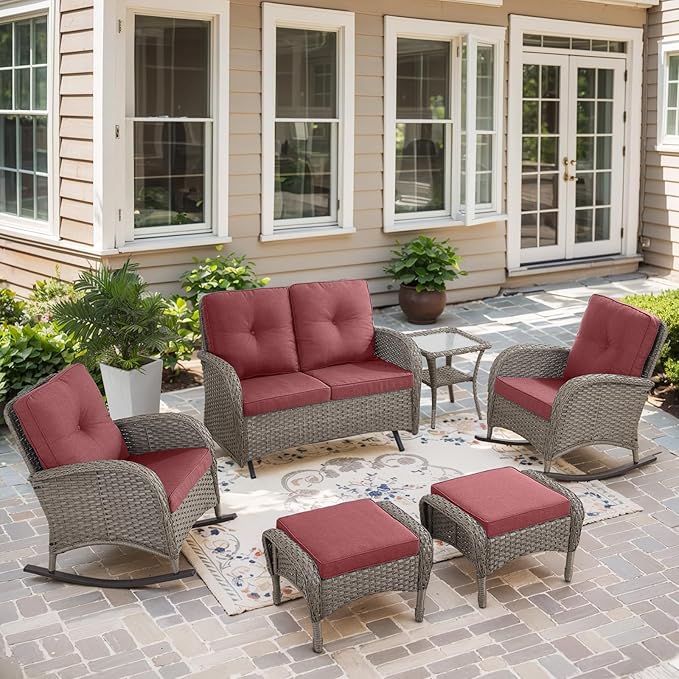 Belord 5 Piece Outdoor Conversation Patio Furniture Set - All-Weather Wicker Patio Rocking Chairs with Loveseat Glider Chair and Coffee Table for Patio Deck Porch Backyard Gray Wicker Red Cushion