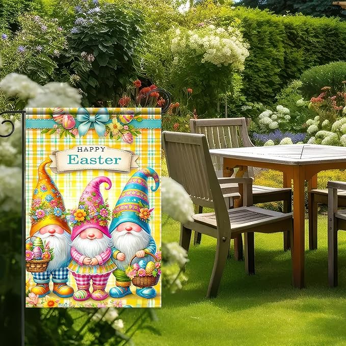 Happy Easter Garden Flag 12 x 18 inch Double Sided Outdoor Decoration Flag Cute Gnome Yard Flag Farmhouse Small Yard Flag Holiday Garden Outdoor Flags Welcome Yard