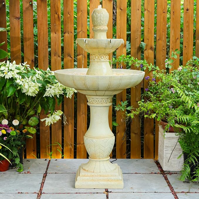 45.28H 3-Tier Outdoor Water Fountain with LED Lights Large Italian Resin Garden Fountain for Patio Yard Weather-Resistant Cascading Waterfall Feature with Quiet Pump