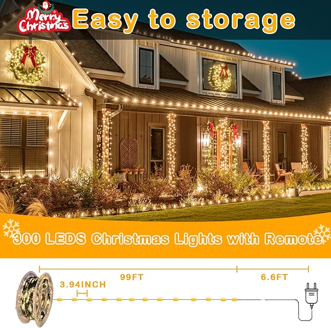 Decute 300LED 99FT Christmas Tree String Lights Green Wire Dimmable with Remote Control, UL Listed Plug in Fairy Starry Lights Decorative for Christmas Tree Party Wedding Indoor Outdoor Warm White