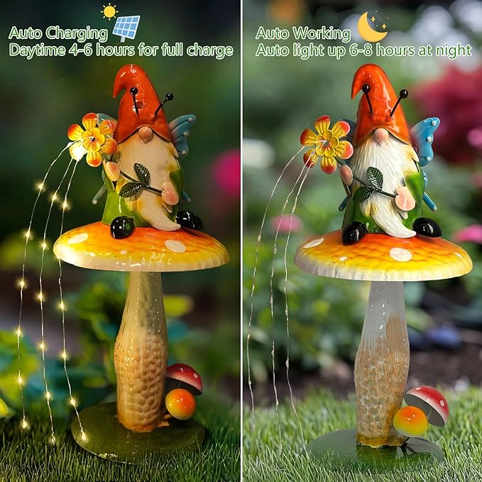 Solar Garden Gnome Figurine, Waterproof Outdoor Mushroom Decor with Solar Outdoor Lights for Yard, Patio, Lawn Ornaments, Ideal Gifts for Mom Grandma Women, Housewarming Gifts-16.5"