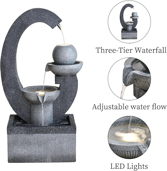 Qingyinge 31'' H Modern Outdoor Fountain Resin Outdoor Garden Fountains with Contemporary Design LED Light for Garden, Patio, Deck, Porch, Backyard and Home Art Decor